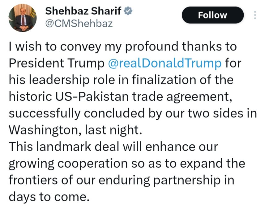 Profound Thanks from PM Shehbaz Sharif to President Trump for Historic US‑Pakistan Trade Agreement
